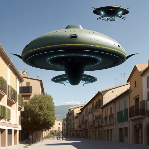 AI generated: banyoles city with aliens flying with theirs ufo planes with an punk image