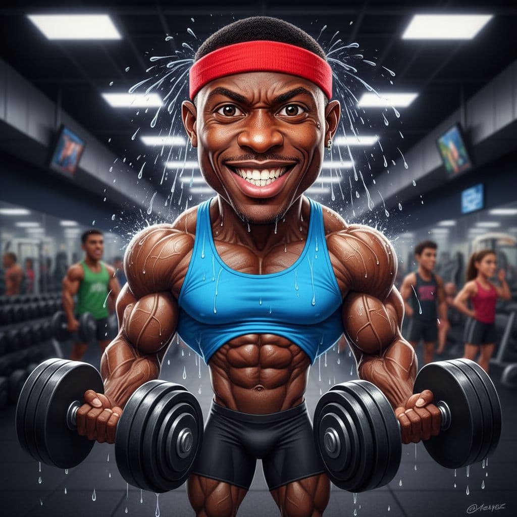 AI generated: funny caricature, ultra-fit enthusiast caricature, adult african-american male, 28 years old, extrem...