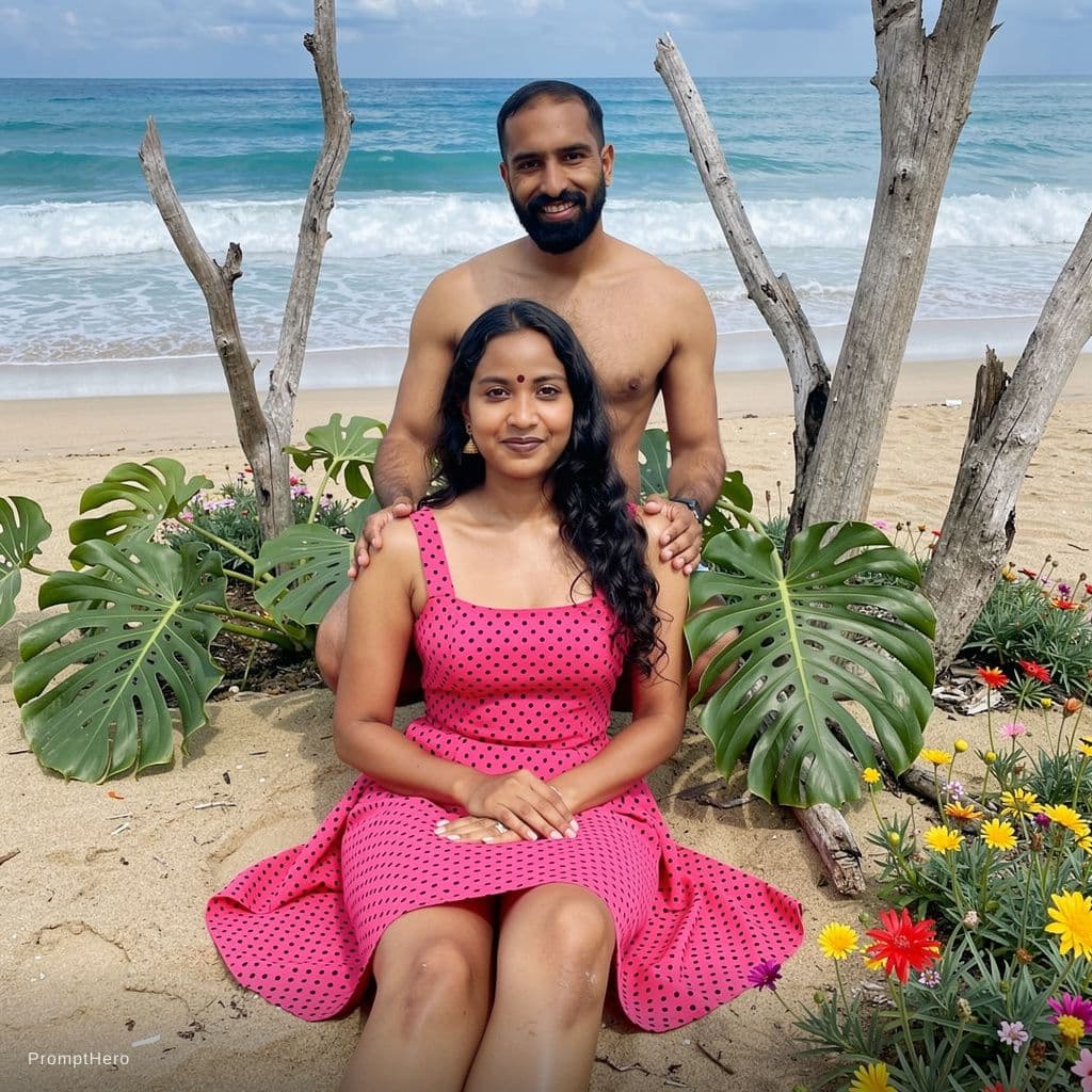 AI generated: hot Indian smiley sexy medium plus size woman with a sexy man by her, the girl full image bikini sli...