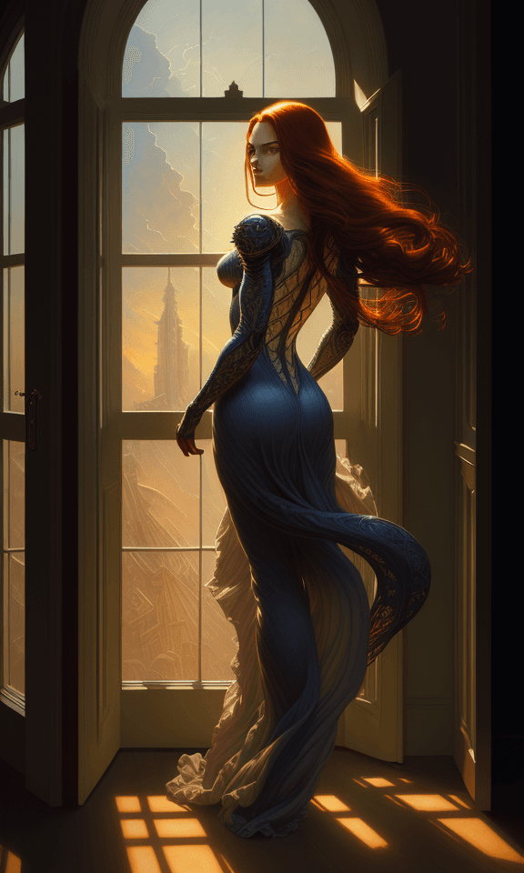 AI generated: Woman standing in front of a window with her hair blowing, full body  modern, highly detailed, perfe...