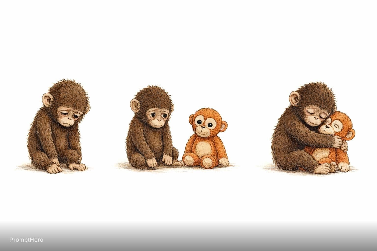 AI generated: vintage children's book illustration, emotional storytelling with 3 scenes, cute baby monkey with fl...