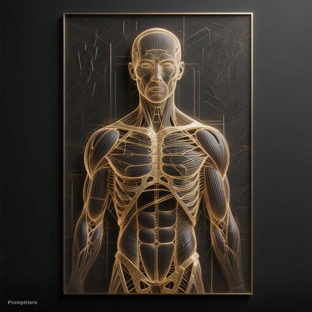 AI generated: Minimalist anatomical muscle wall art, elegant and sophisticated, modern luxury style, black matte b...