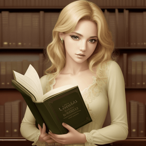 AI generated: chica guapa y elegante, lee un libro en la biblioteca, rubia ojos verdes, 