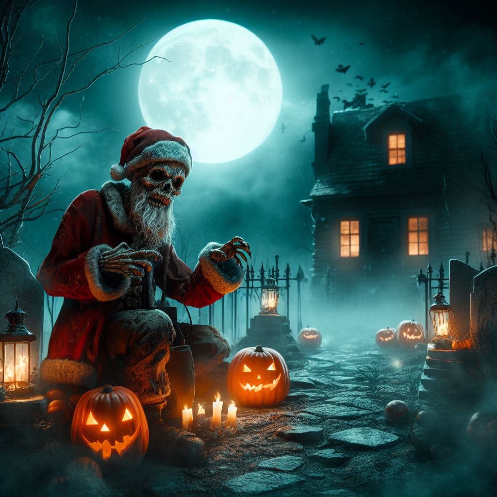 AI generated: A zombie Santa Clause ,Trick or Treat at a House,,ultra high detailed,photorealism, on a cemetry,mis...