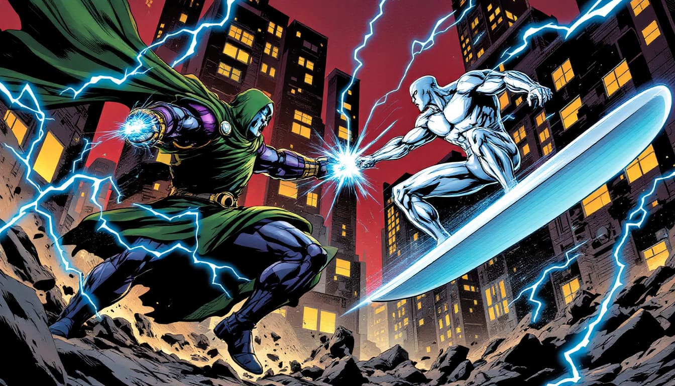 AI generated: "A dramatic comic book-style illustration of an intense battle between Doctor Doom and Silver Surfer...