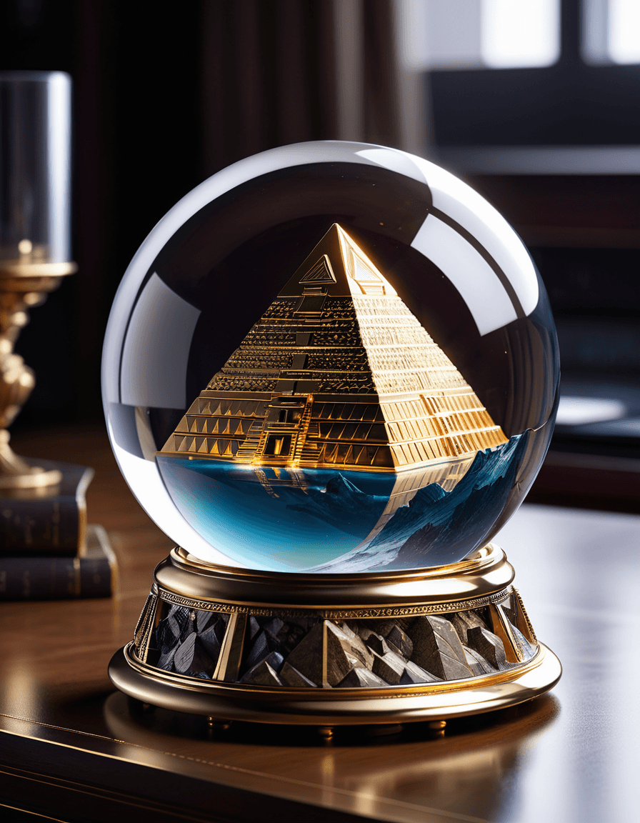 AI generated: a pyramid in a glass globe, very detailed, placed on a desk, polished, beautiful, intricate, elegant...