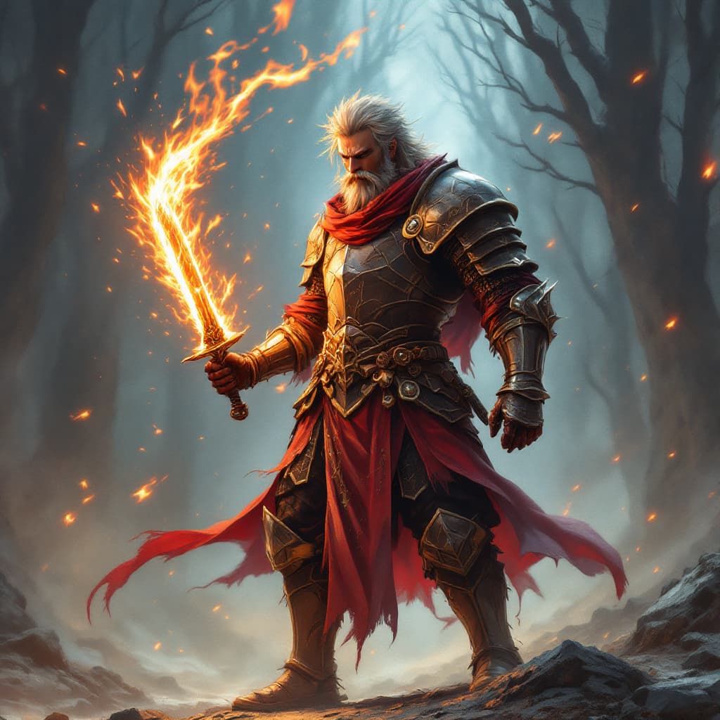 AI generated: A medieval warrior in anime-style armor, holding a flaming sword