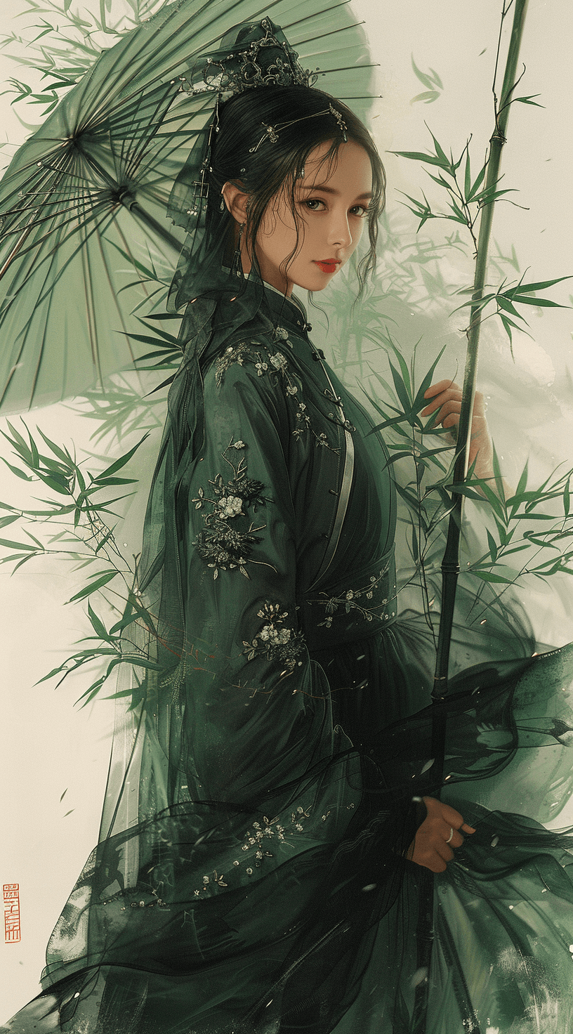 AI generated: painting of a woman dressed in traditional Chinese dress with a bamboo umbrella, in the style of rom...