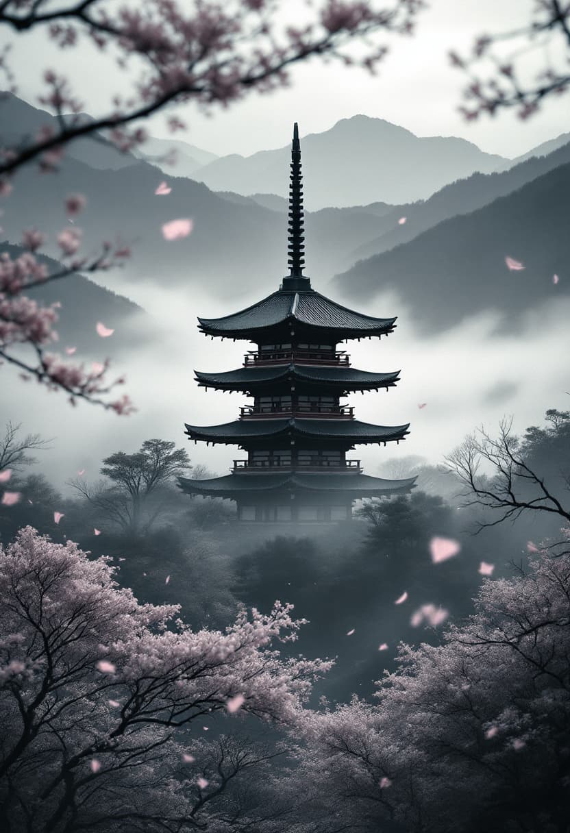 AI generated: A traditional Japanese pagoda centered in the frame, standing in a misty mountain valley with soft f...