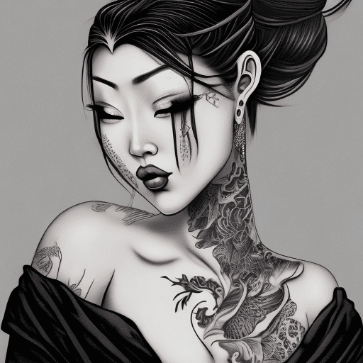 AI generated: a woman a tattoo on her arm and shoulder, in the style of mysterious beauty, algeapunk, asian-inspir...