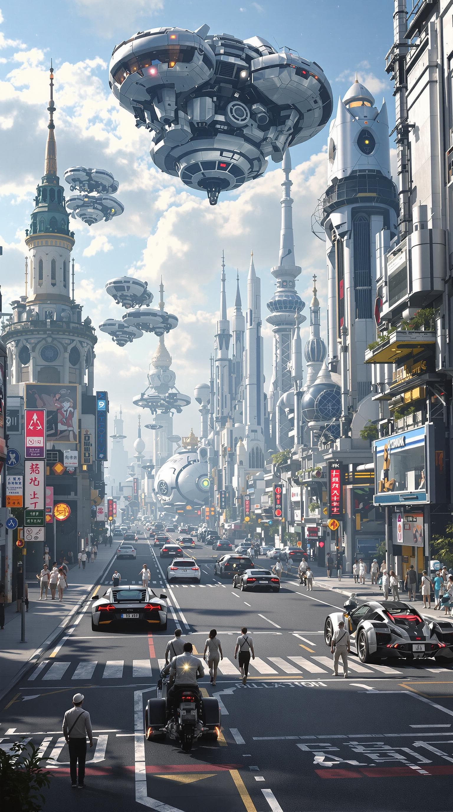 AI generated: fun hyper realistic futuristic cityscape with flying cars, robots and people wearing silver suits an...