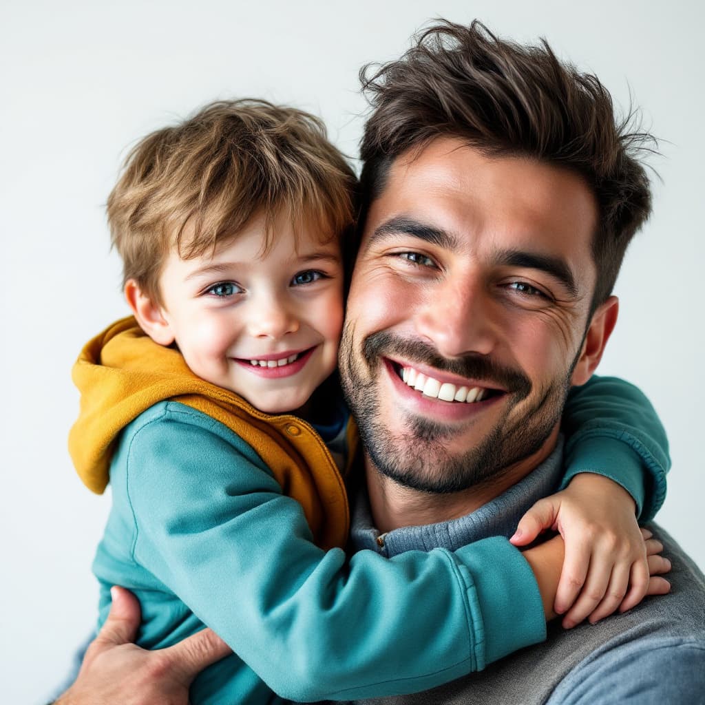 AI generated: There is a very happy face of a little boy hugging his father, whose clothes are very eye-catching i...