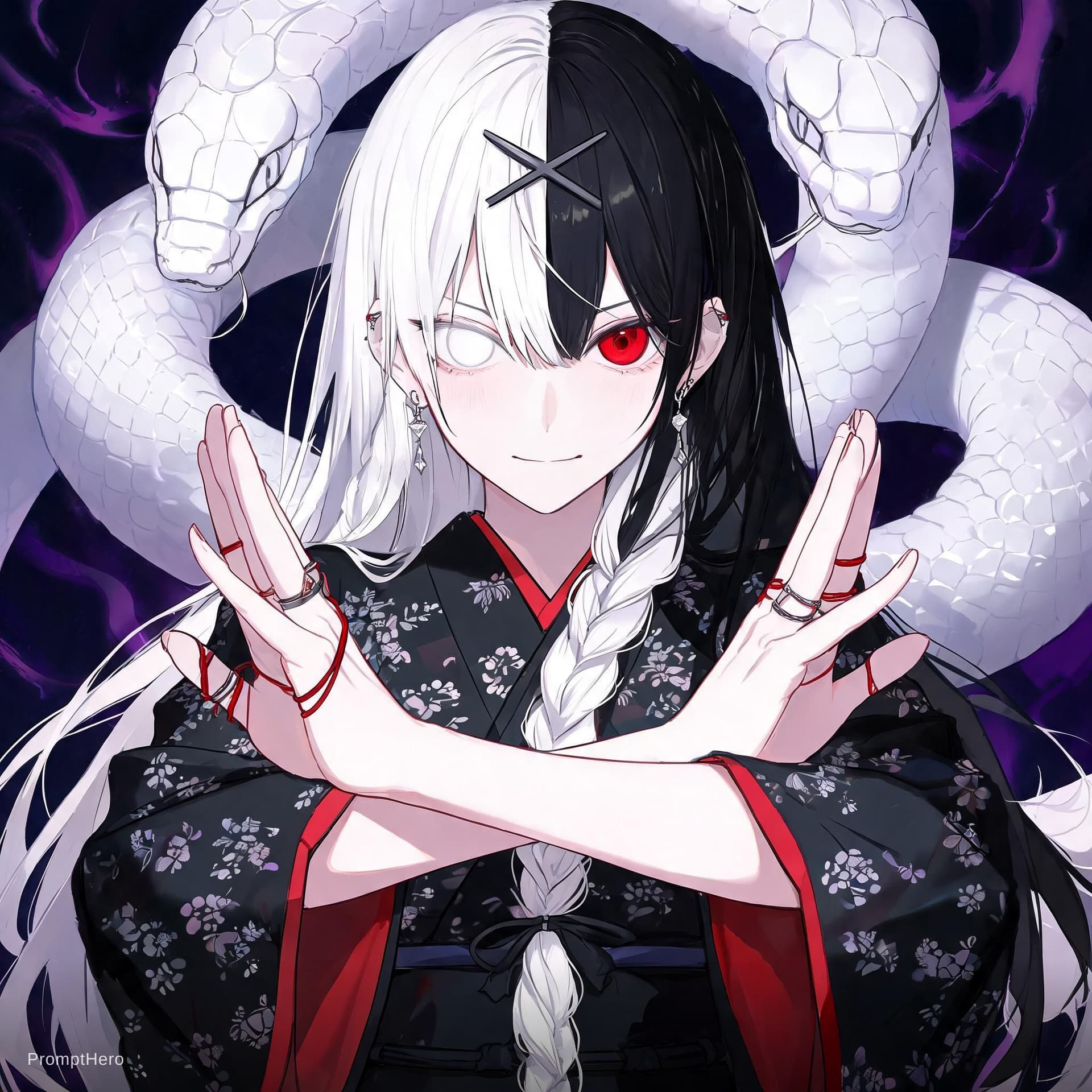 AI generated: 1girl, solo, pale skin, (split-color hair, white hair, black hair), long hair, long sidelocks, x hai...