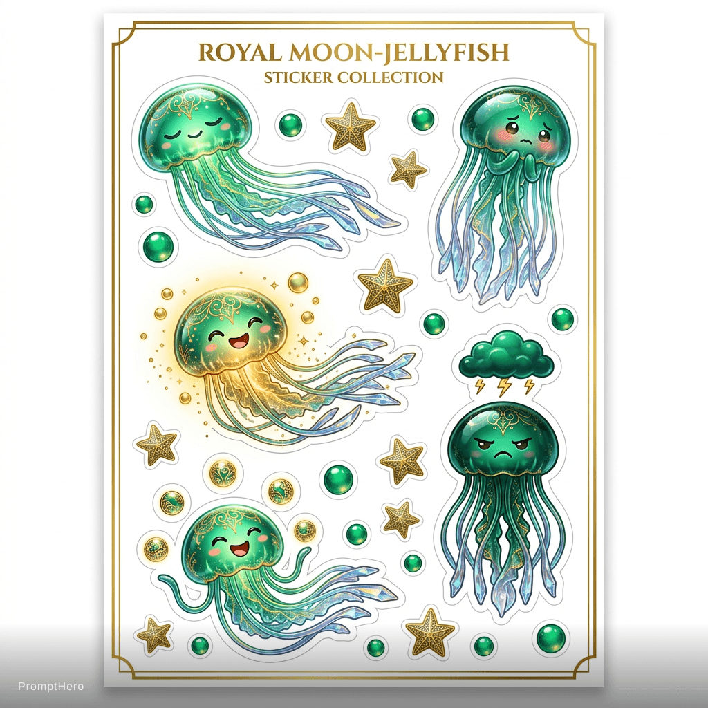 AI generated: A premium sticker sheet of 5 expressive "Royal Moon-Jellyfish" with long, flowing crystalline tentac...
