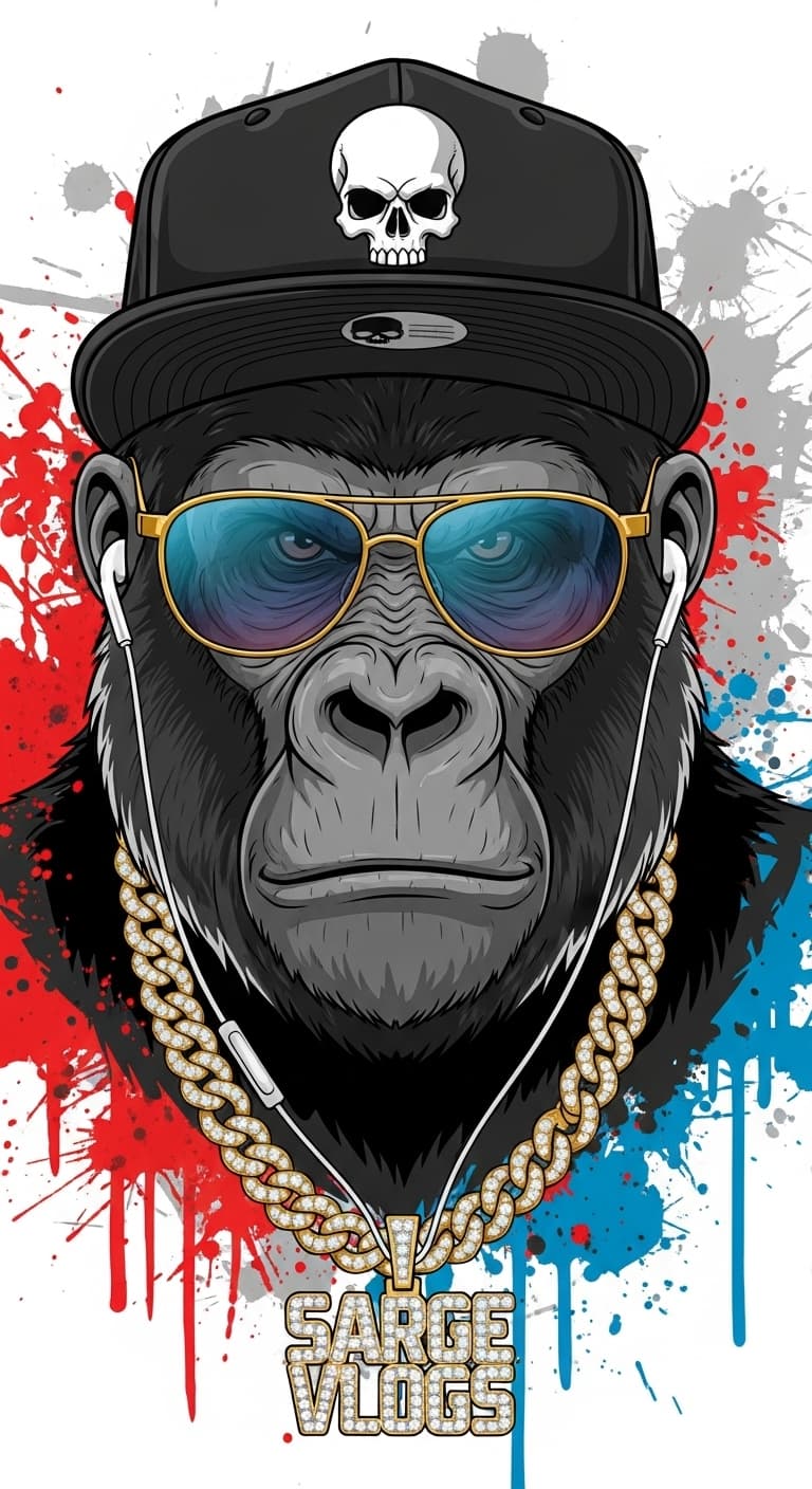 AI generated: a gorilla wearing a snapback backwards black hat (skull logo) looking straight at the camera, apple ...