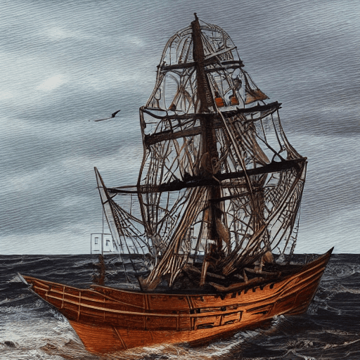 AI generated: pirate ship, adorned with intricate designs and shining shackles, battling a storm. The hull, marked...