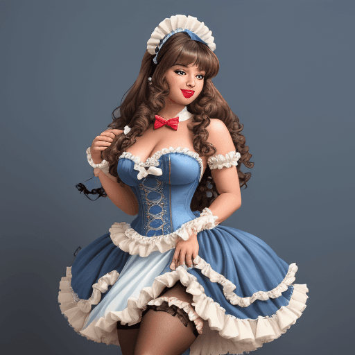 AI generated: A sexy furry pinup scene of a brown-furred bear with long ringlet curl styled hair, wearing a frilly...