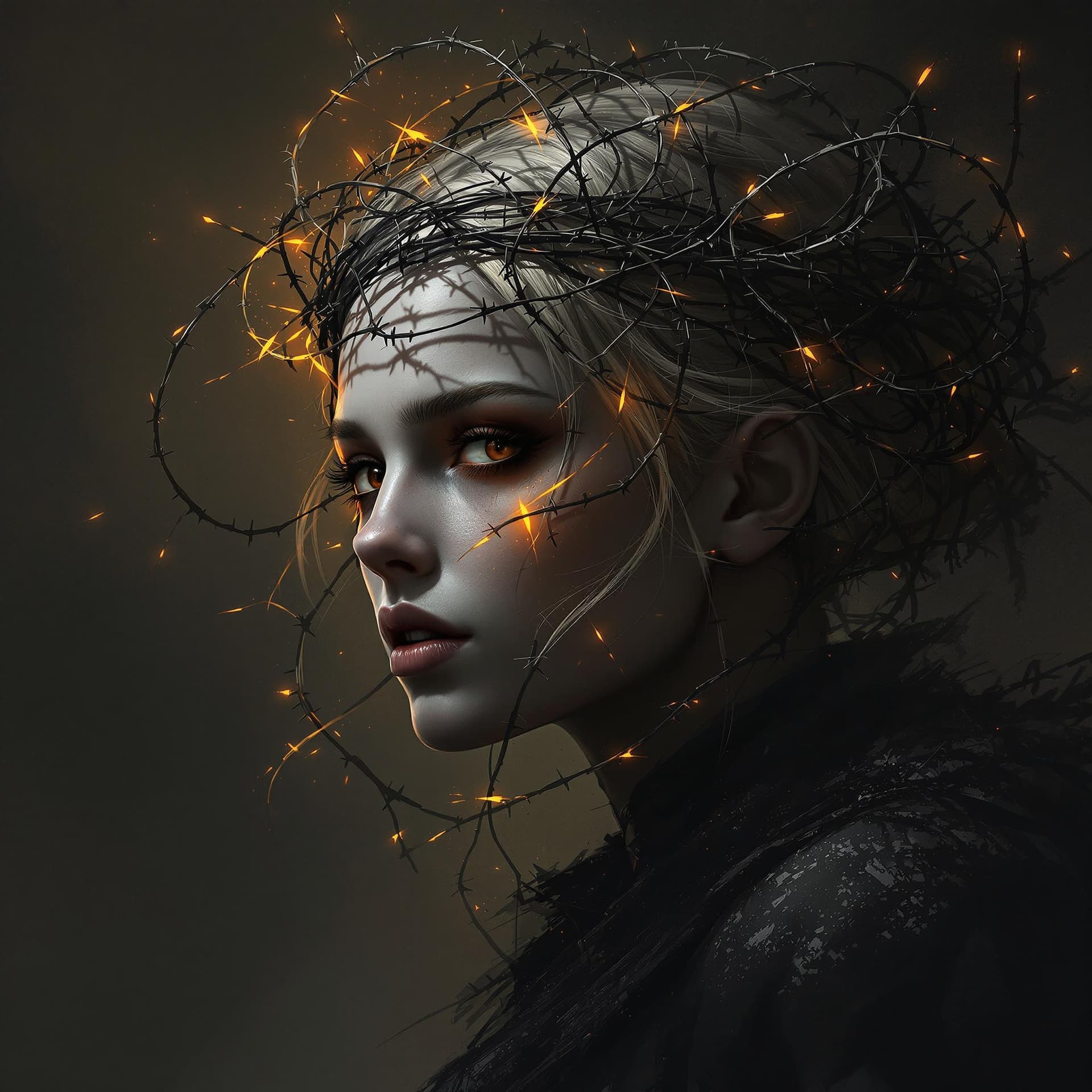AI generated: n image of a female with crown of barbed wire and a glow orange, in the style of speedpainting, dark...