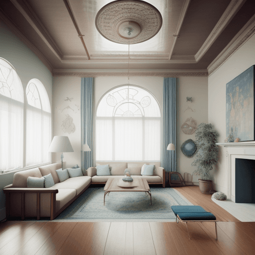 AI generated: High resolution photography interior design, dreamy sunken living room conversation pit, wooden floo...