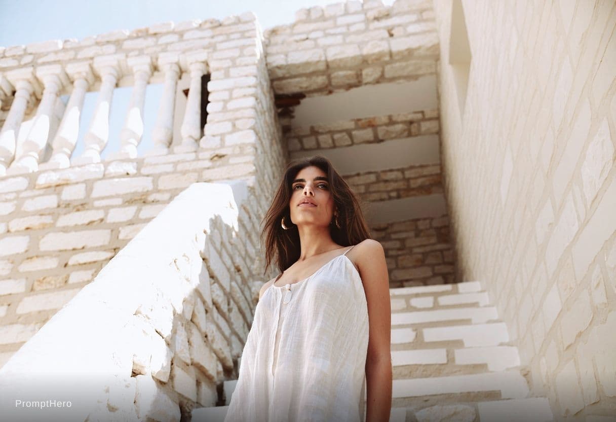 AI generated: Dramatic low-angle close-up shot of a young Middle Eastern woman standing beneath a covered balcony ...