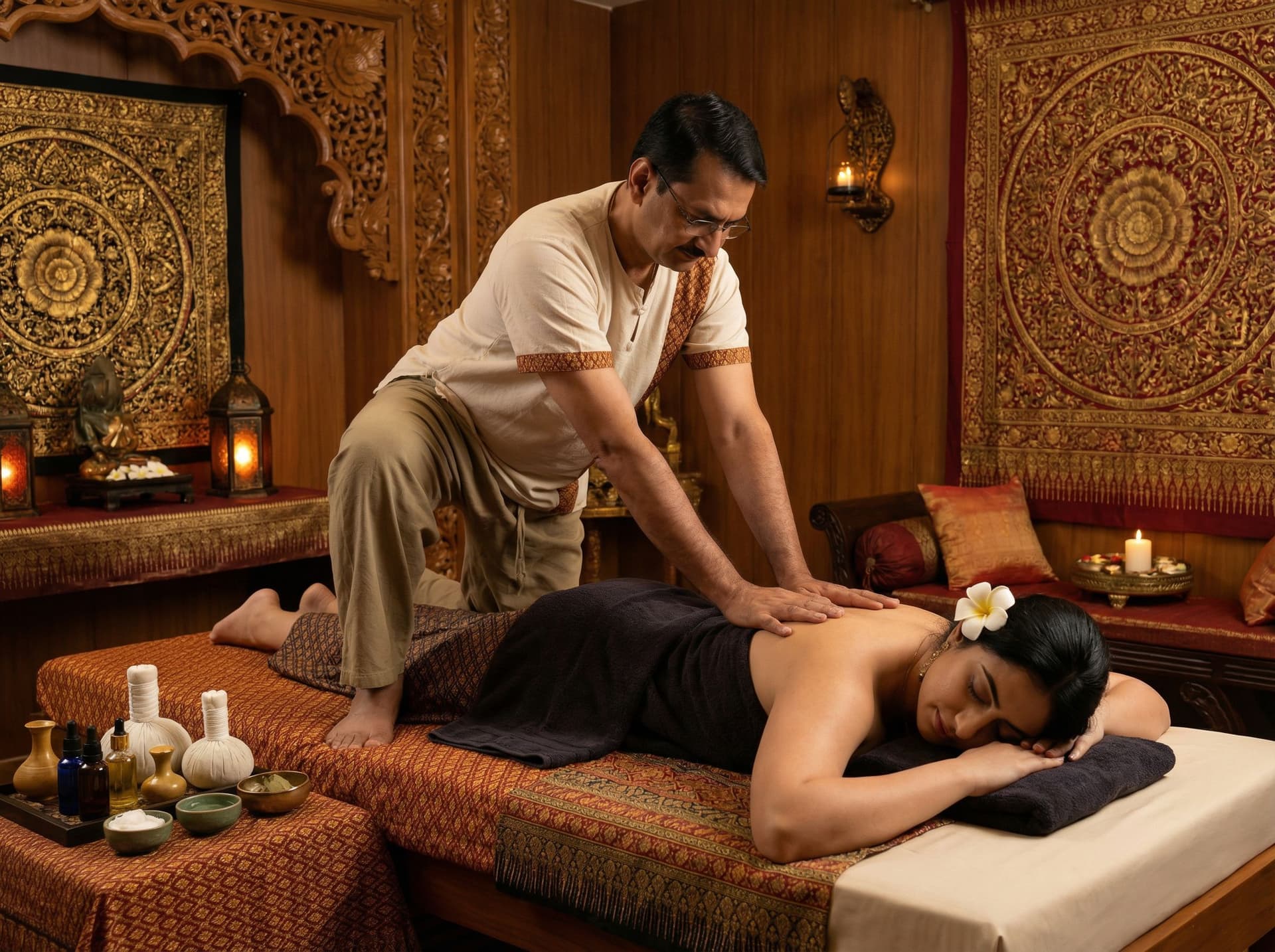 AI generated: thai massage  indian man giving a massage to a woman lying on a massage bed. Realistic pictures with...