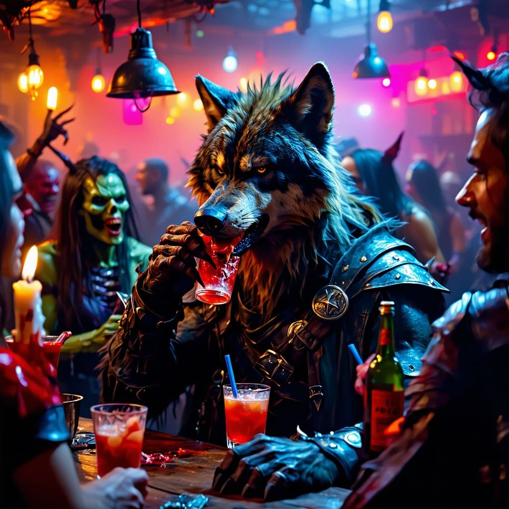 AI generated: Werewolf drinking in a wild party surrounded by other horror fantasy creatures, fun club party, very...