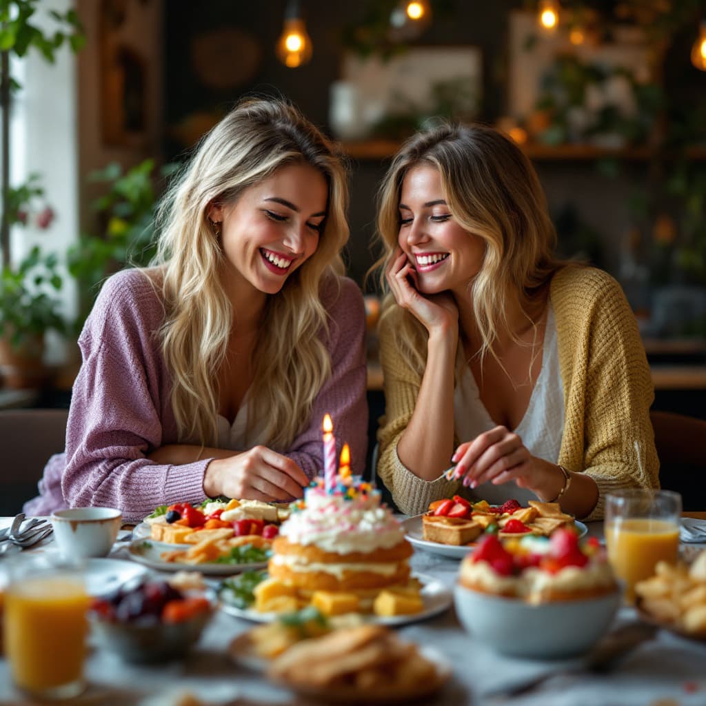 AI generated: two female friends, both blond and german, celebrating birthday over a massive breakfast with lots o...