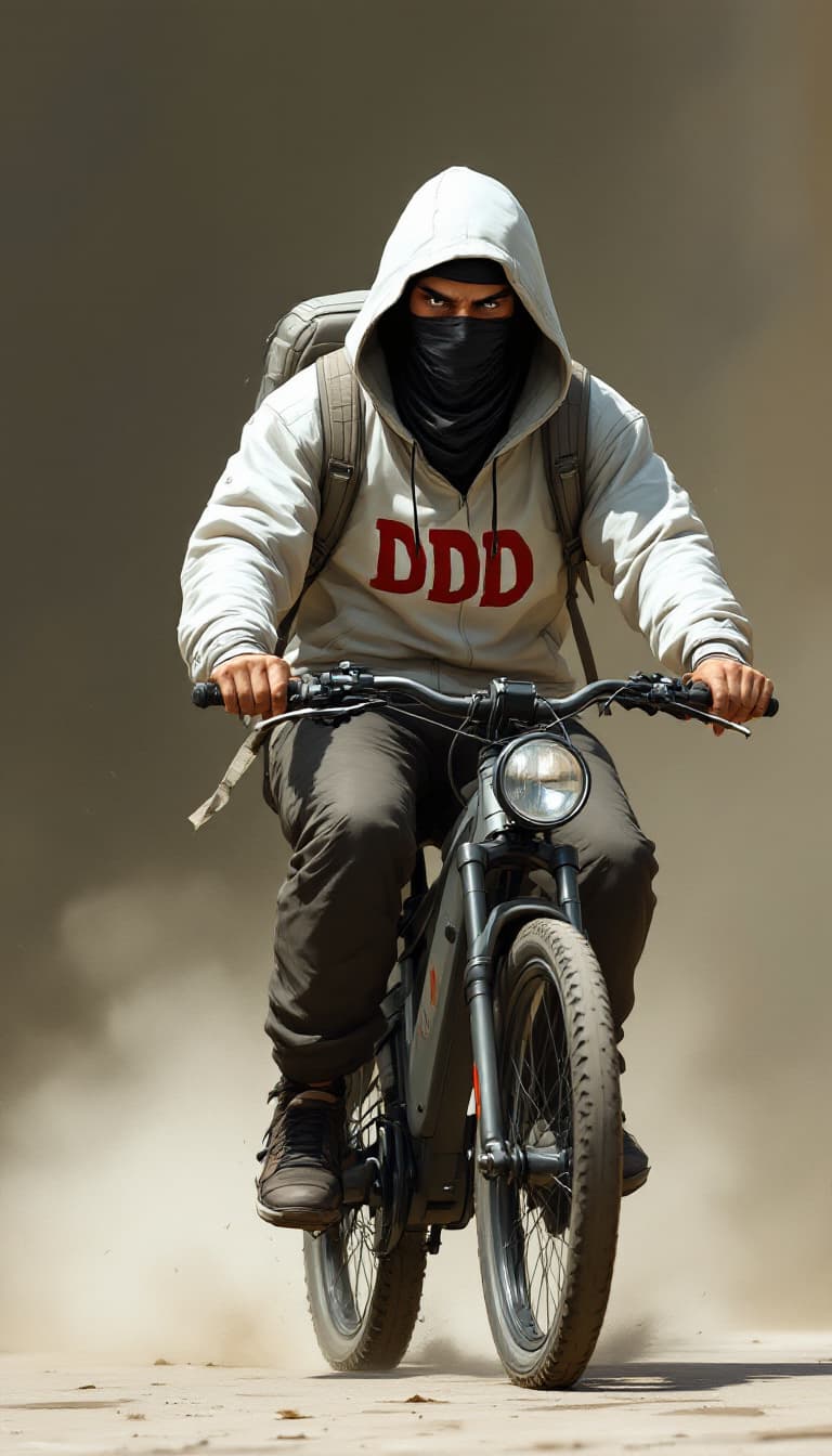 AI generated: Full body shoot image of an animation male hooded character with covered mouth bandana ridding a ele...