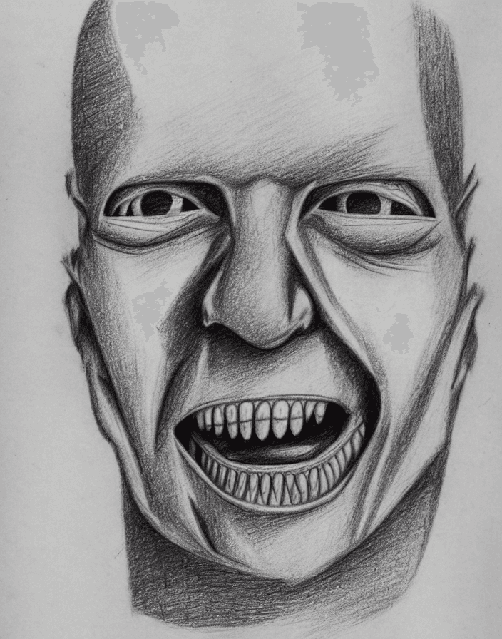 AI generated: [(whole human face with teeth):1], pencil drawing, trembling design, many cancellations, overhanging...