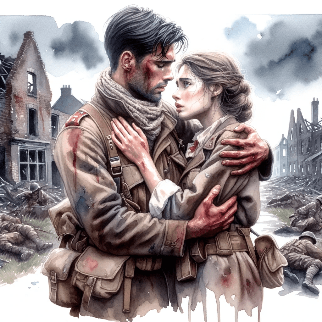 AI generated: Watercolor scene of a male soldier, his attire stained with signs of combat, holding a female defend...