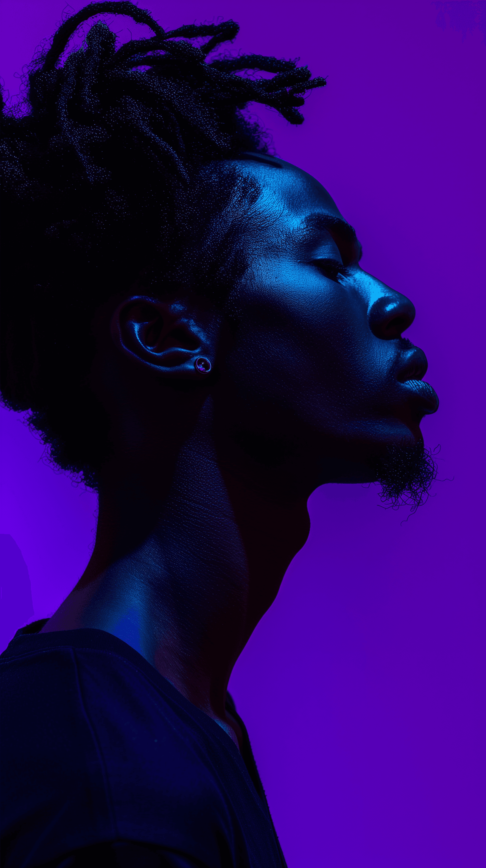 AI generated: photography, portrait of contrast, profile silhouette of a black man, vibrant purple backdrop, visua...