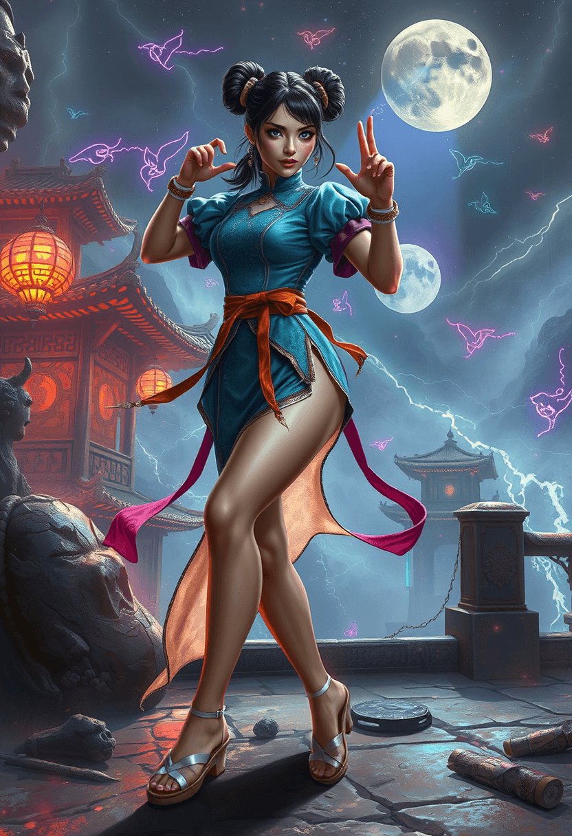 AI generated: Chun-Li from street fighter she wears ((short blue qipao with short puffy sleeves)), ((her hair has ...