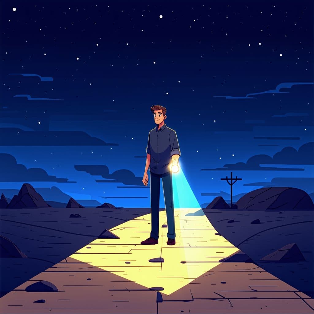 AI generated: A man with a flashlight illuminates the path ahead, but further on there is a fork in the road. Nigh...