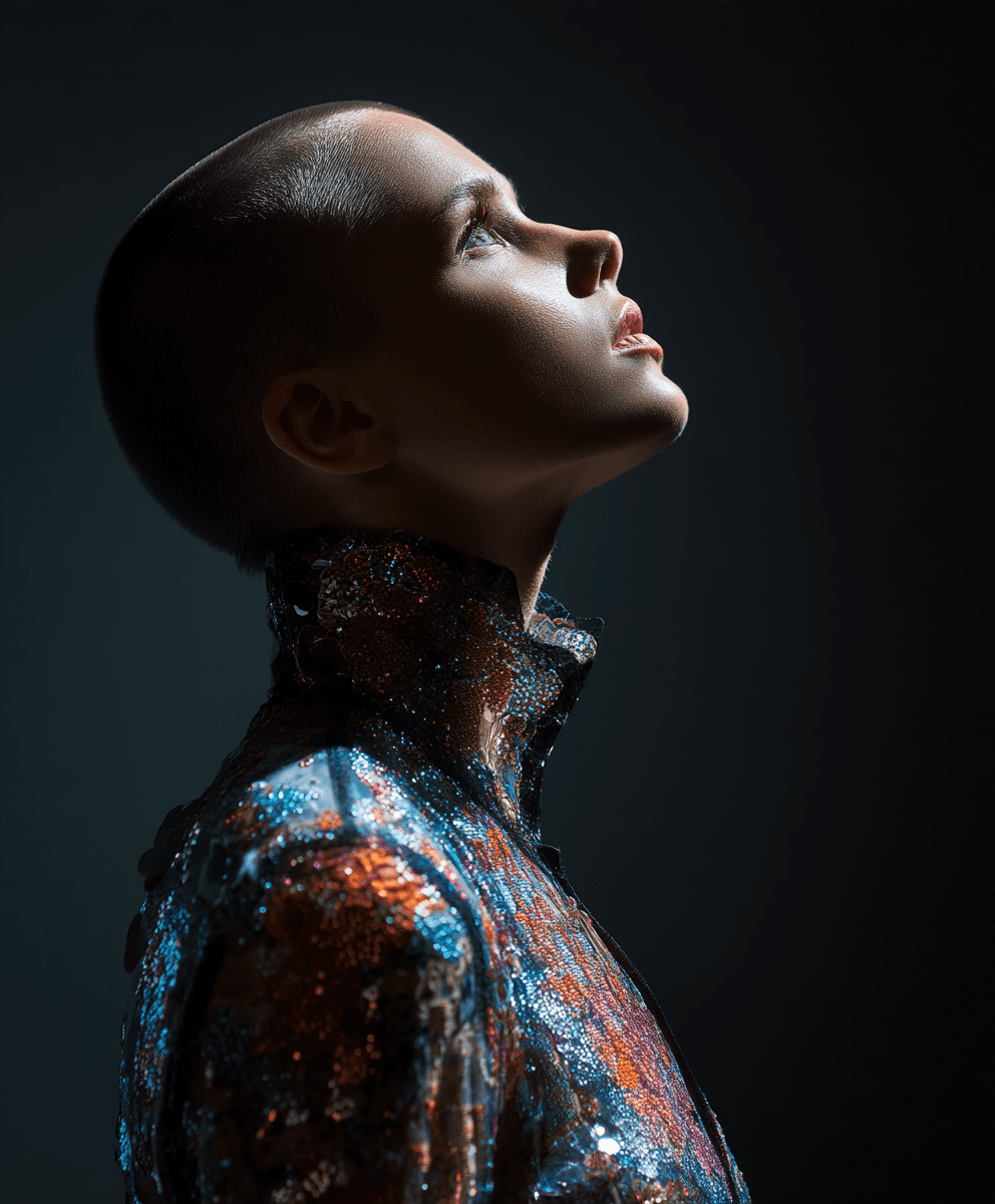 AI generated: cinematic minimalism, a lone alien model showcasing minimalist fashion, runway in space, simple patt...