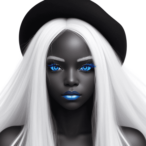 AI generated: create a black-and-white image of a black woman with blue eyes and long white hair