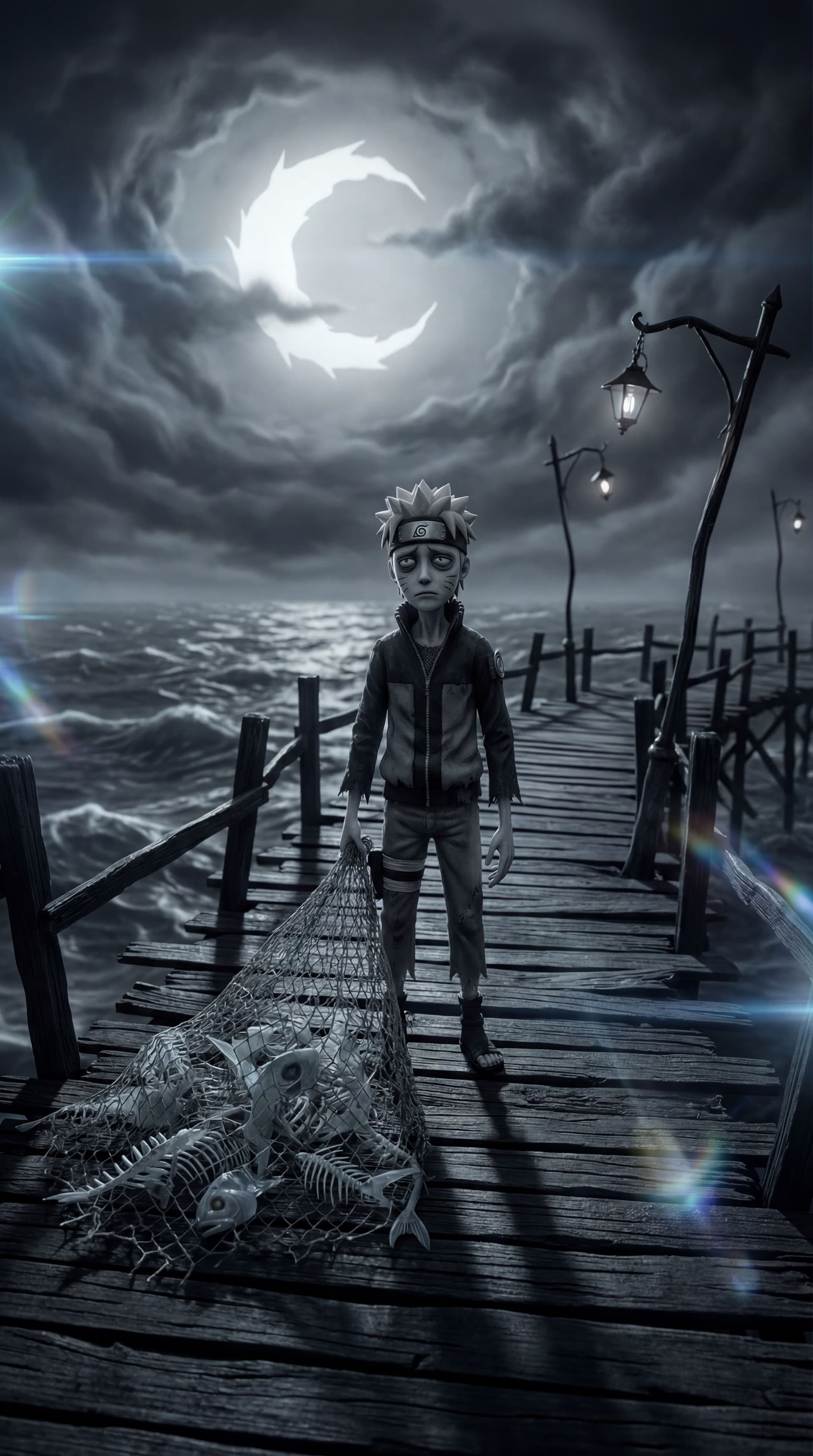 AI generated: A wide angle shot, Tim Burton style. A thin, poor Naruto with sad eyes holding a fishing net full of...