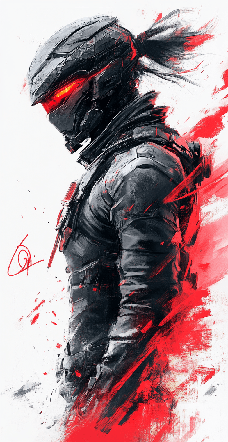 AI generated: female cyborg, dark background, dark souls style, full body shot, anime, fire in eyes, metal gear so...