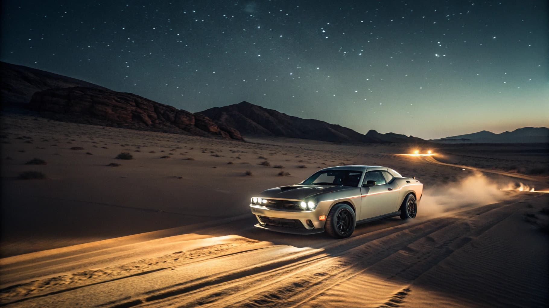 AI generated: dodge challenger racing in a desert at night