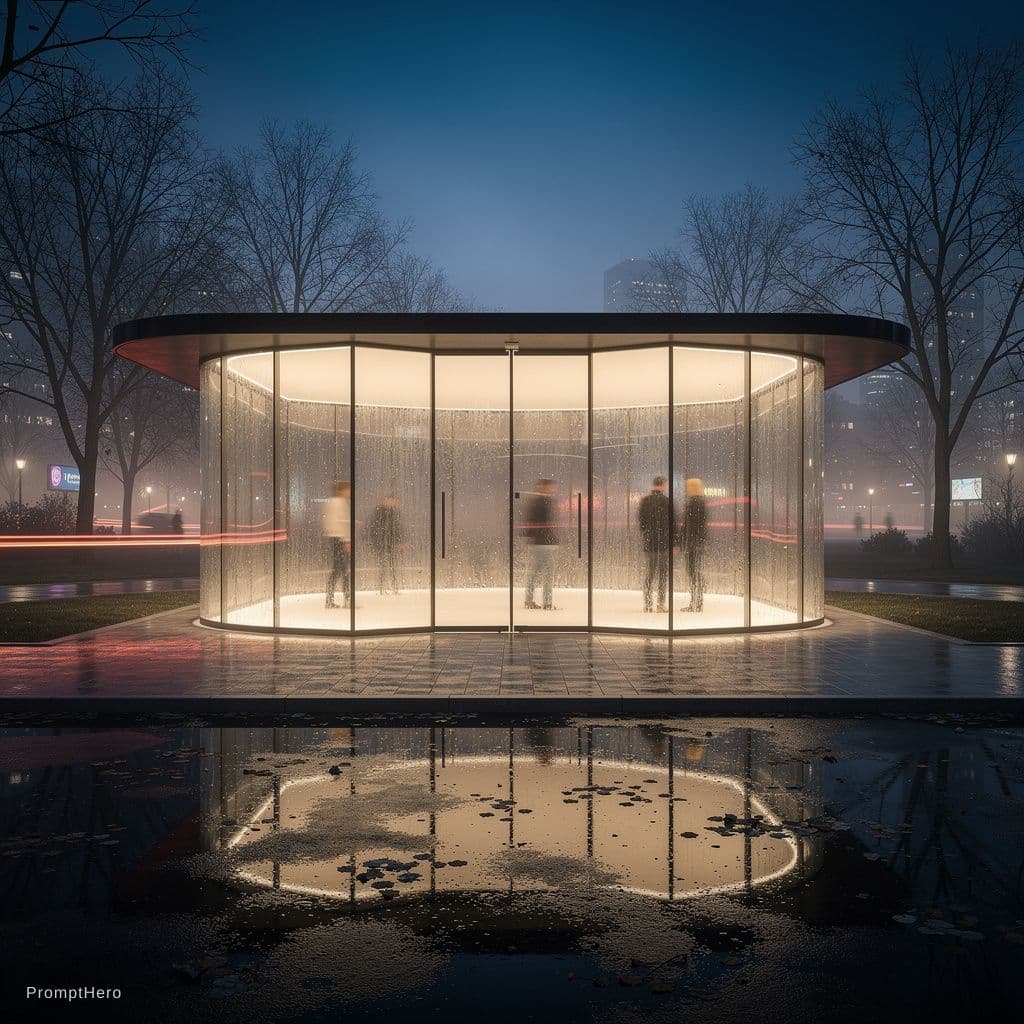 AI generated: modern minimalist architecture, contemporary pavilion design, symmetrical curved structure, panorami...