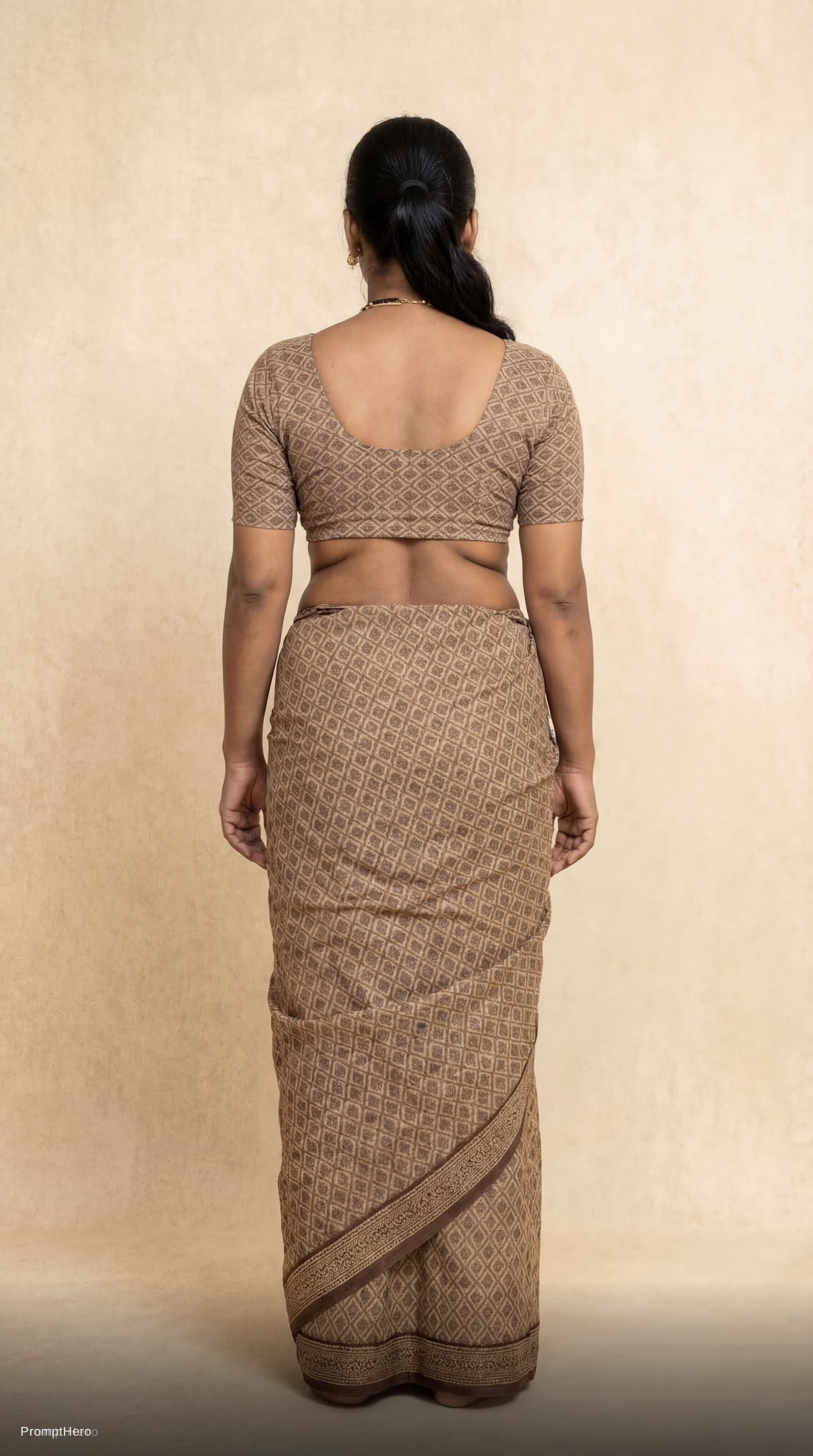 AI generated: Aunty in her blouse only with big body and back.