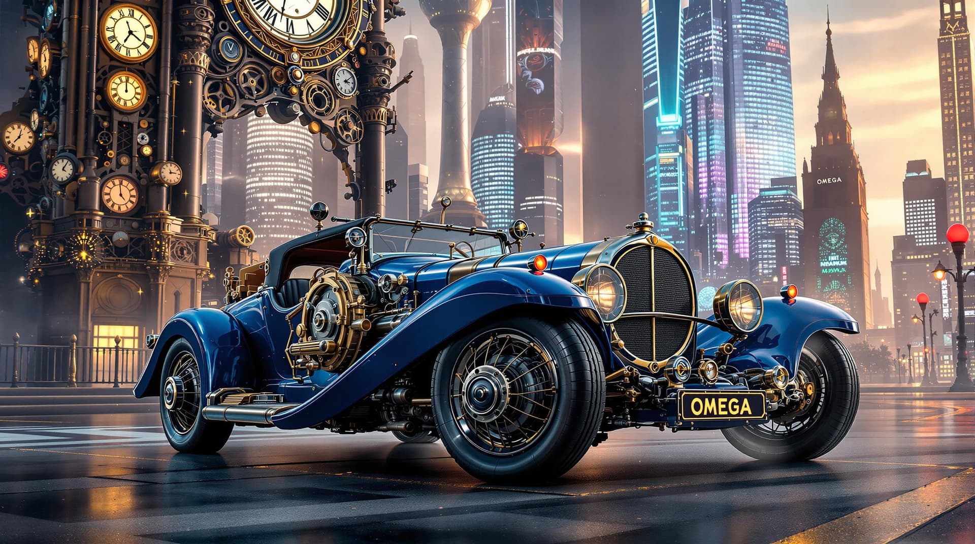 AI generated: A vintage automobile with a striking blue color and intricate mechanical details, set against a futu...