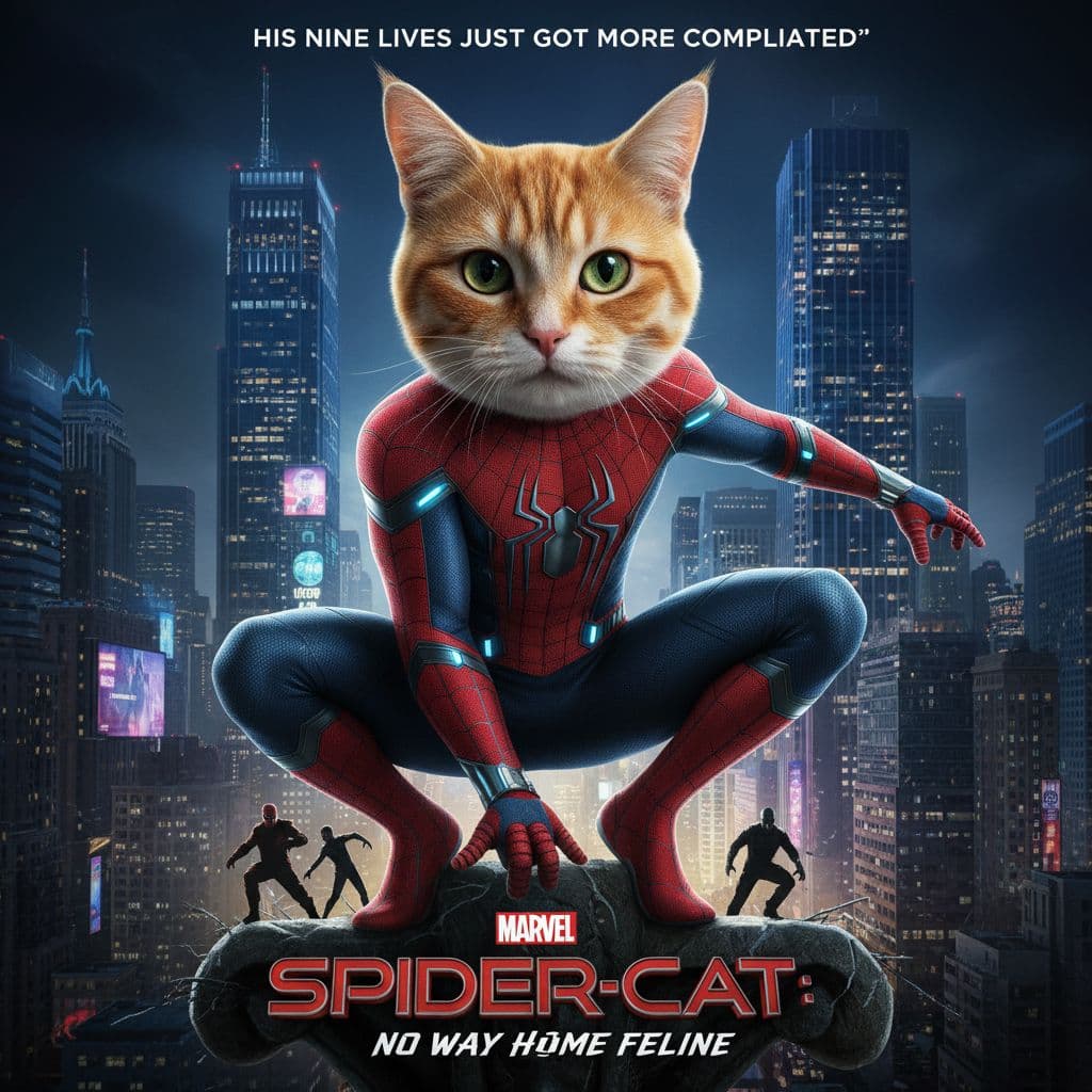 AI generated: cat head anthropomorphic humanoid body, marvel movie poster, spiderman character, red spiderman suit...