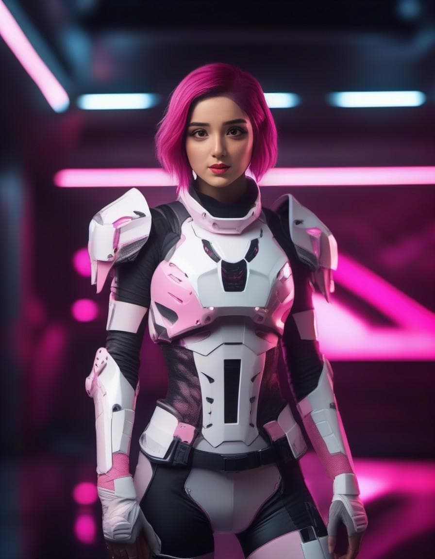 AI generated: gorgeous cyborg female in pink combat armor, pink hair, cyberpunk style, lingerie, futuristic, high-...