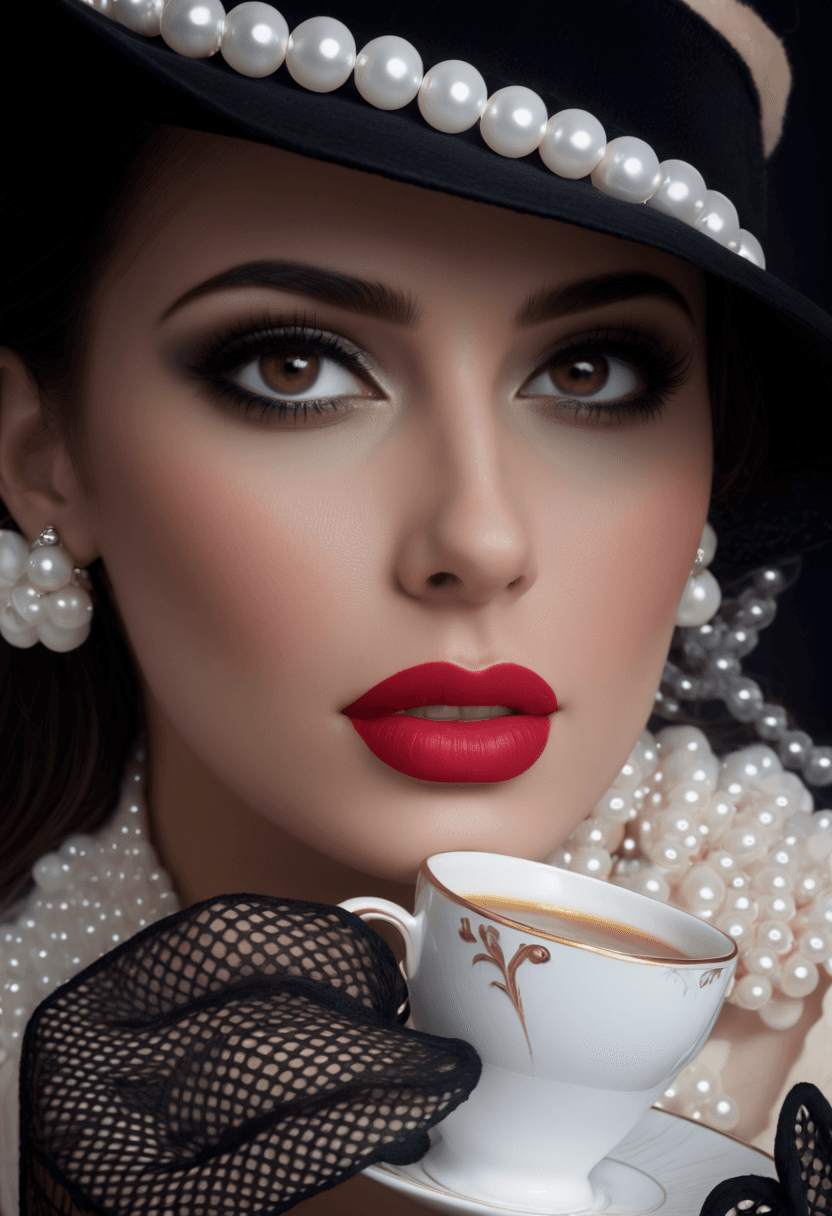 AI generated: The image features a woman wearing a hat and holding a cup of coffee. She is also wearing a pearl ne...