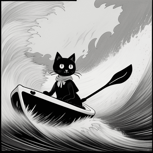 AI generated: Tove Jansson black and white style illustration : : black cat in the kayak in the storm, big waves a...