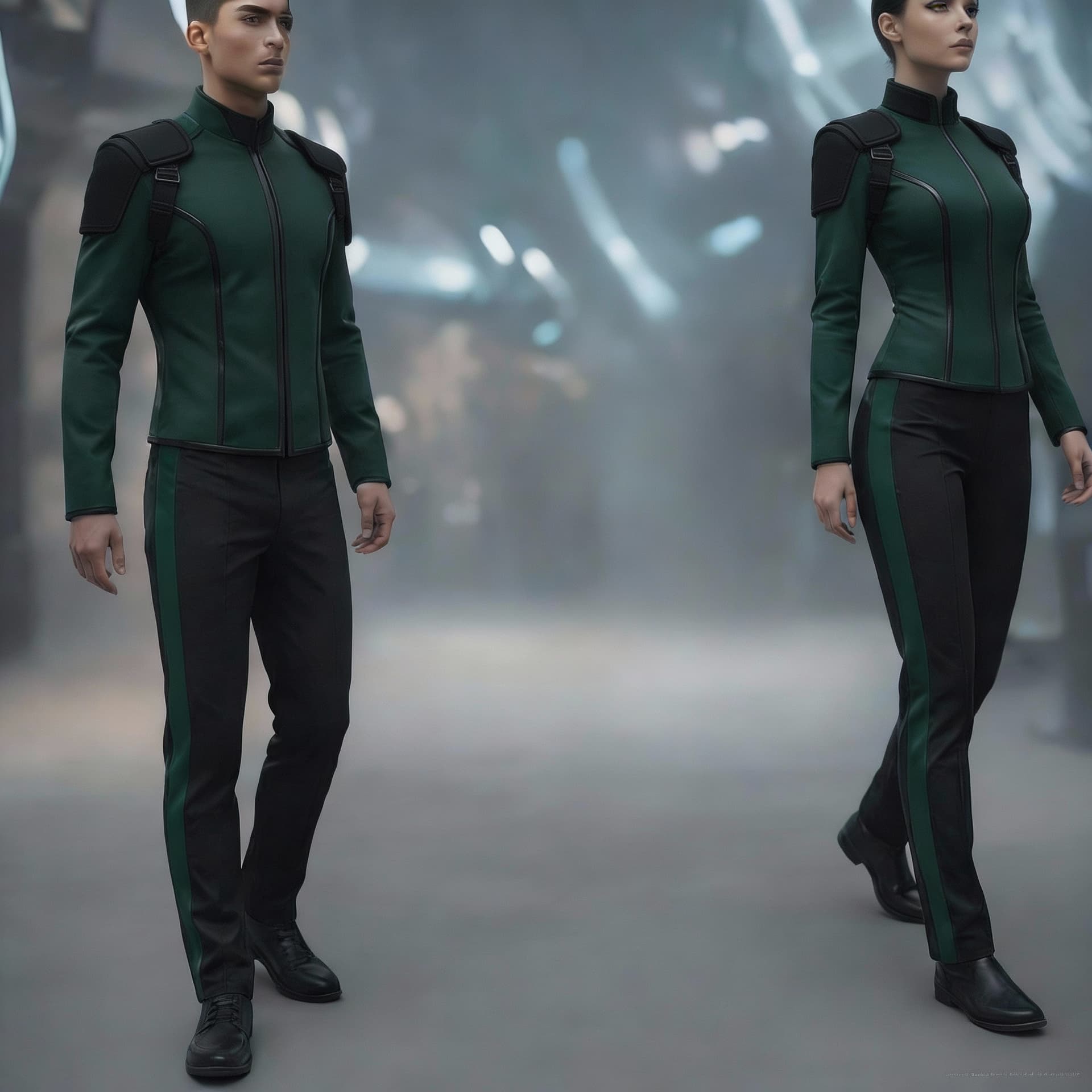 AI generated: Create matching Sci-Fi uniforms. Use the reference image and turn all shoulder traps to black. Just ...