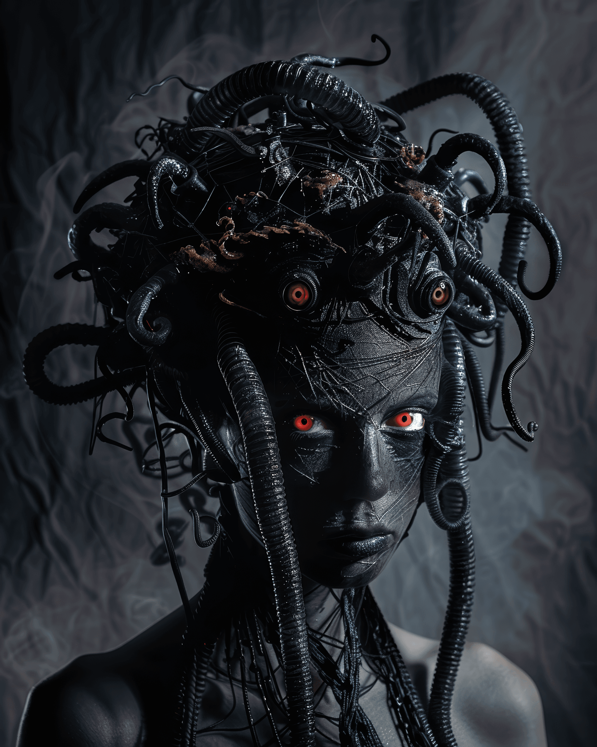 AI generated: A portrait of an alien woman with black and silver skin, wearing an intricate headdress made from te...
