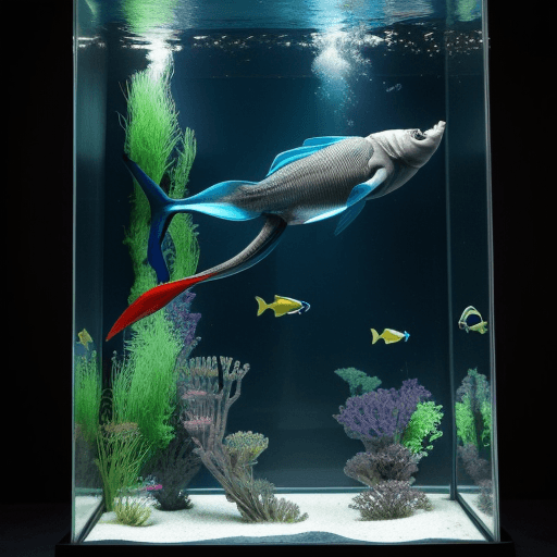 AI generated: A stylish fish, walking on its tail fins, browsing an aquarium where humans are the main exhibit." D...