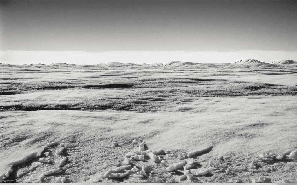 AI generated: photo of a frozen tundra with snow-covered hills and valleys taken by henri cartier-bresson (photojo...