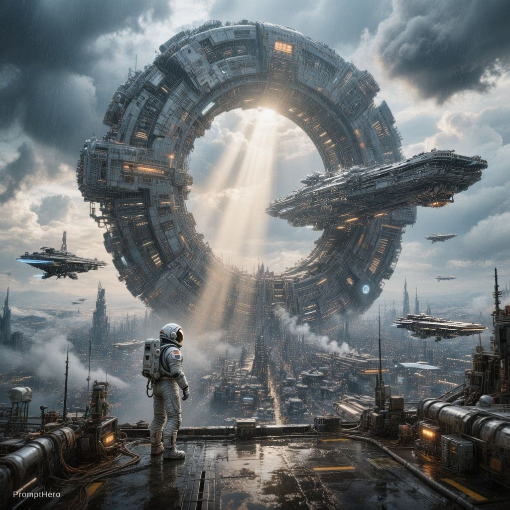 AI generated: An immense futuristic megacity built inside a colossal {argument name="structure type" default="circ...